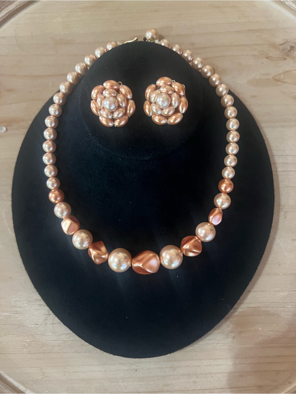 Pearl-Style Peach Bead Necklace with Matching Clip Earrings